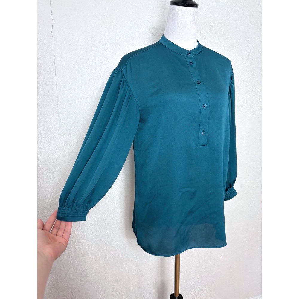 Lafayette 148 Teal Puff 3/4 Sleeve Mandarin Collar Top Size Small Half Button